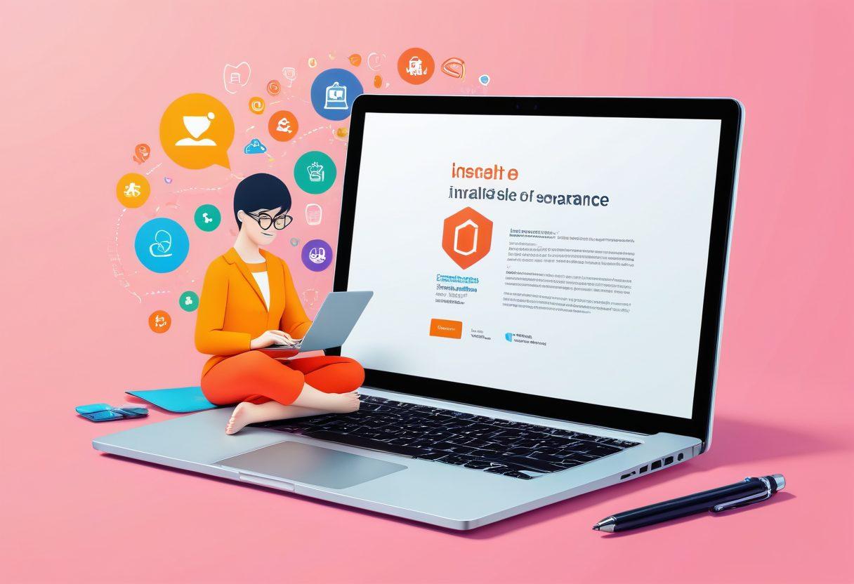 A person sitting at a laptop surrounded by floating icons representing various types of insurance (health, auto, home), with a magnifying glass emphasizing an open document titled 'Affordable Insurance'. In the background, a bright light symbolizing knowledge and clarity. The scene is inviting and informative, reflecting a sense of empowerment through smart choices. vector art. vibrant colors. clean background.