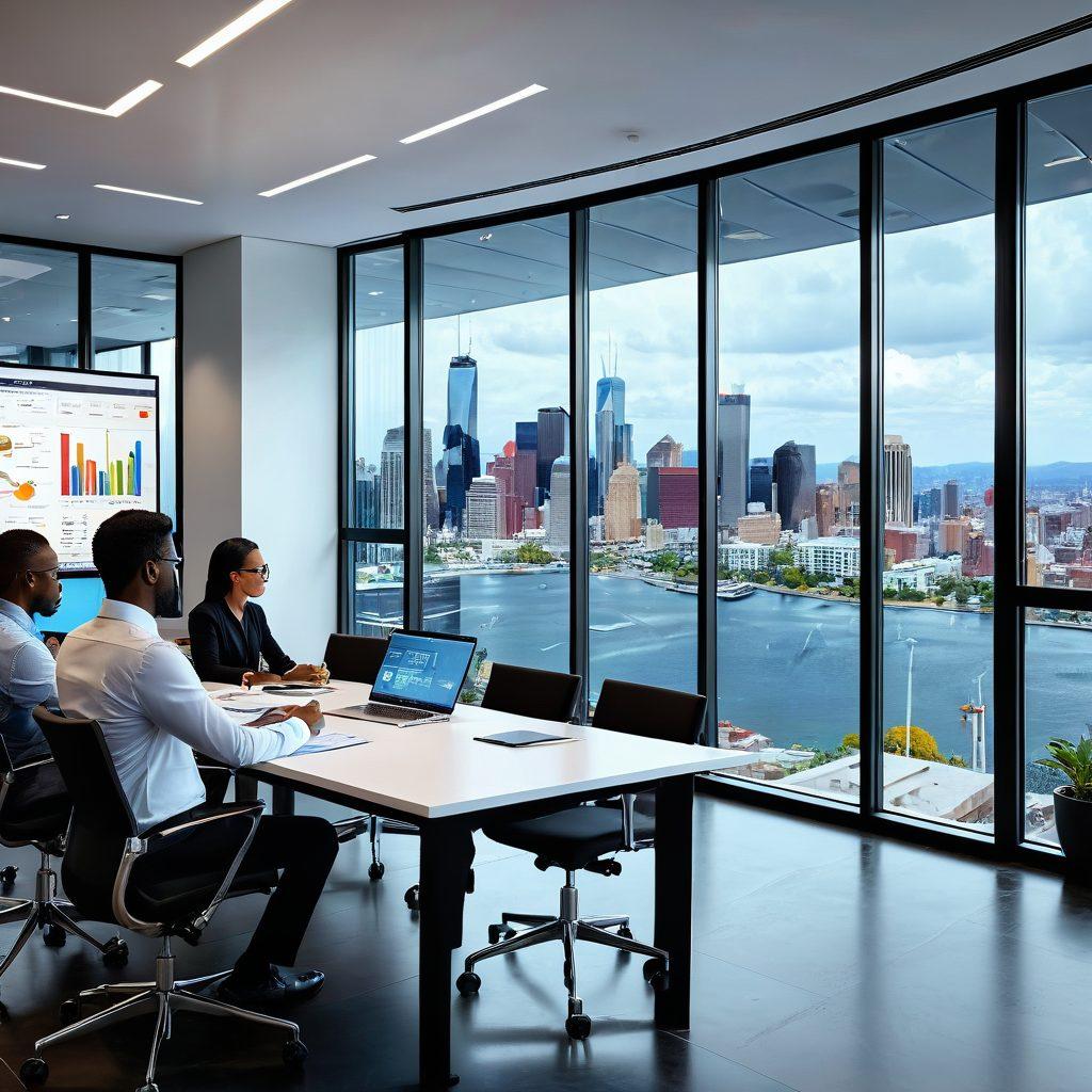 A diverse group of professionals collaboratively reviewing insurance policies in a modern office setting, with infographics and graphs illustrating smart insurance solutions on screens around them. A large window showcases a city skyline, symbolizing growth and security. Warm, inviting colors to create a sense of trust and professionalism. super-realistic. vibrant colors. modern interior.
